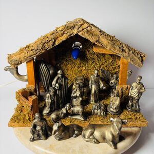 Vintage Nativity Set Plaster Bronze 17 Piece Building Straw Manger Angel Animals